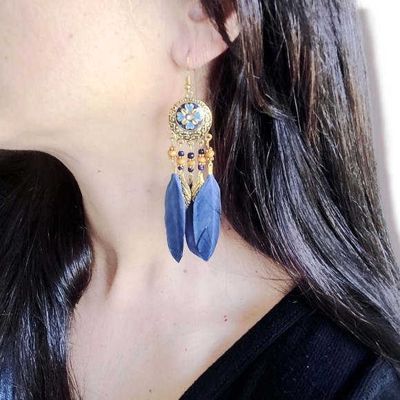 Hand Crafted Artsy Boho Long Blue Feather Leaves Beaded Dangle Drop Earrings - Picture 2 of 4